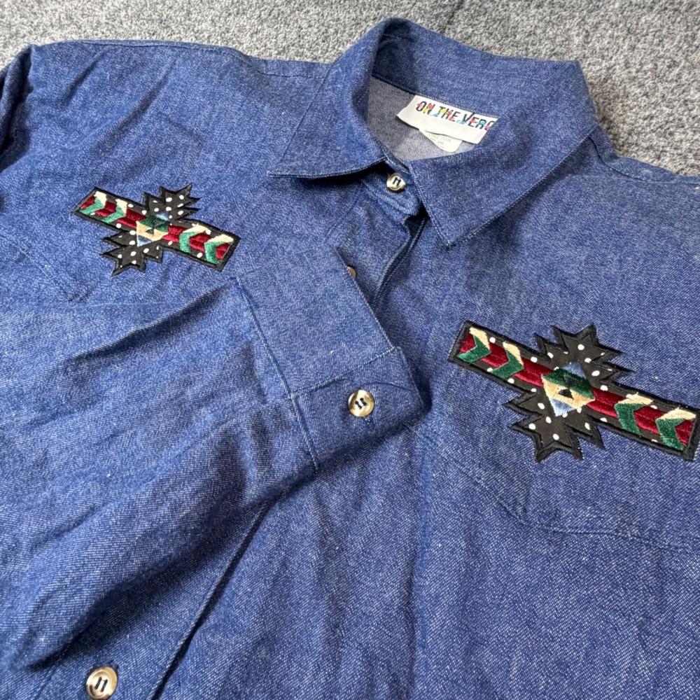 VTG 80s‎ On The Verge Denim Western Shirt Southwestern Embroidered Blue Medium